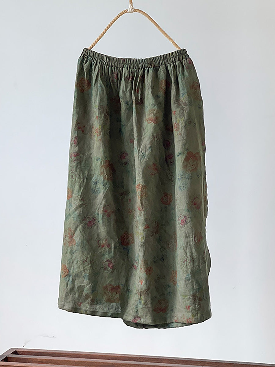 Plus Size Women Summer Vintage Flower Loose 100%Linen Skirt