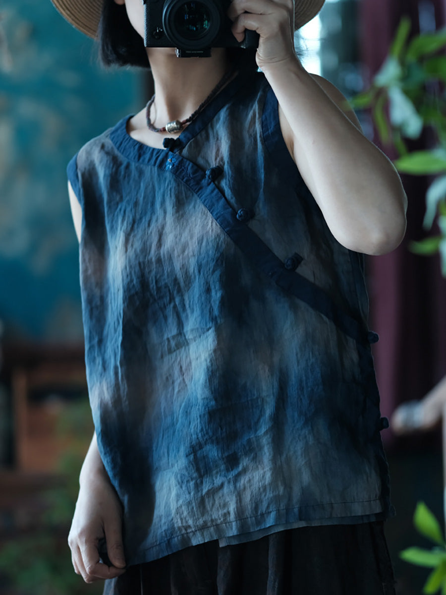 Women Summer Vintage Tie-dye Spliced Ramie Vest