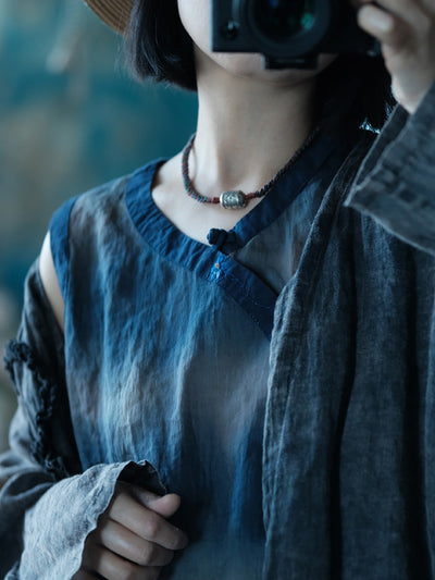 Women Summer Vintage Tie-dye Spliced Ramie Vest