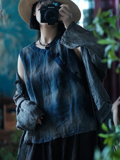 Women Summer Vintage Tie-dye Spliced Ramie Vest