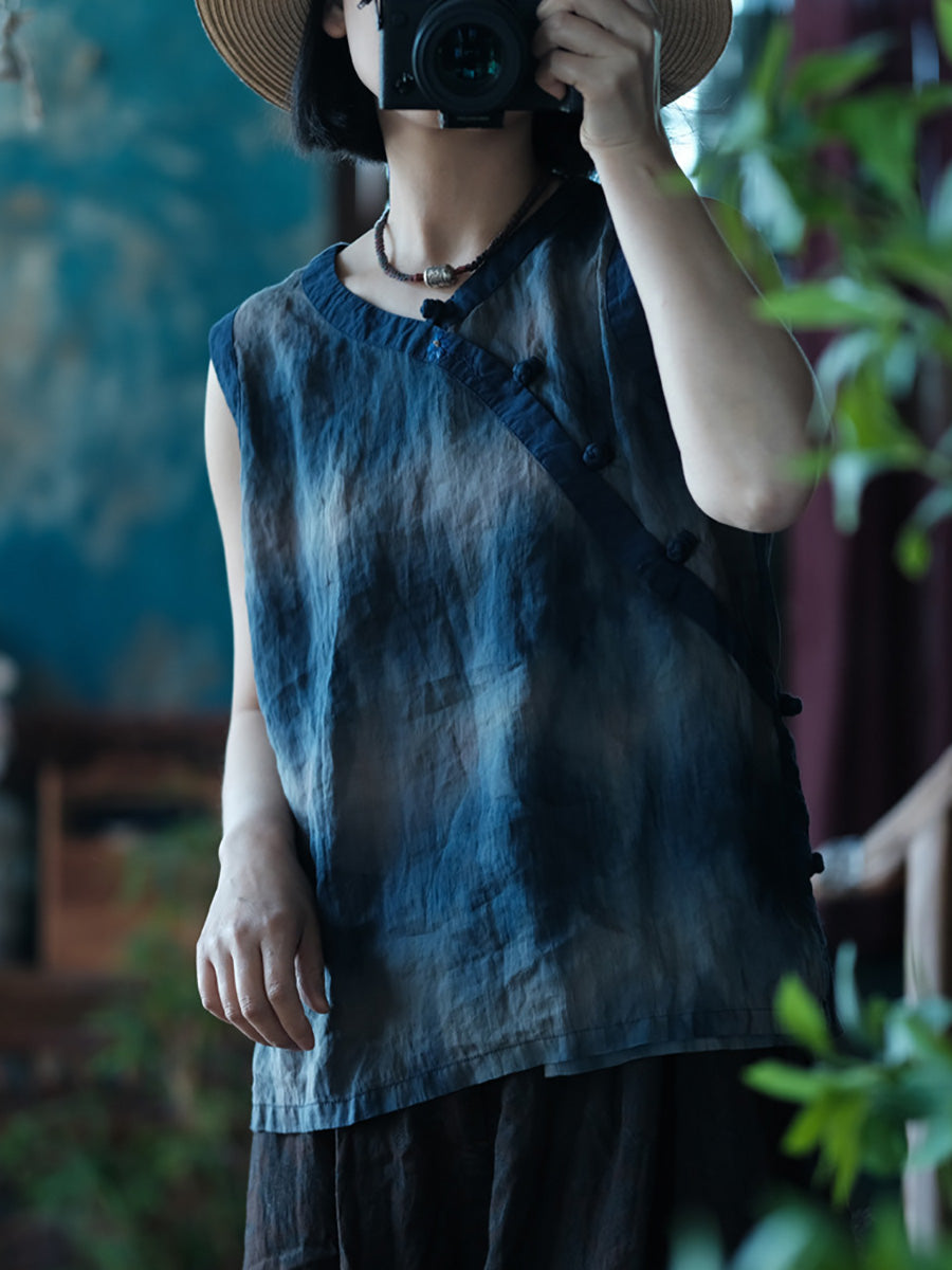 Women Summer Vintage Tie-dye Spliced Ramie Vest