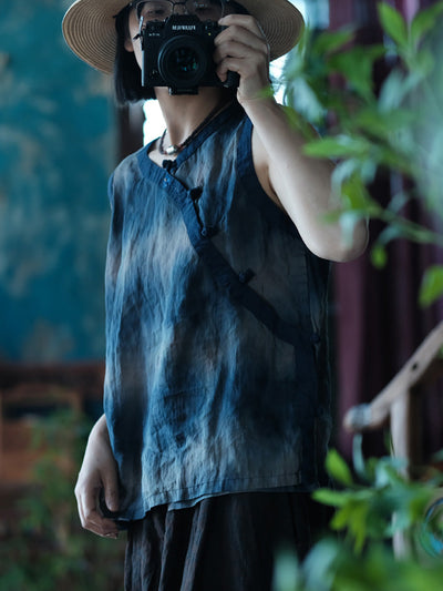 Women Summer Vintage Tie-dye Spliced Ramie Vest