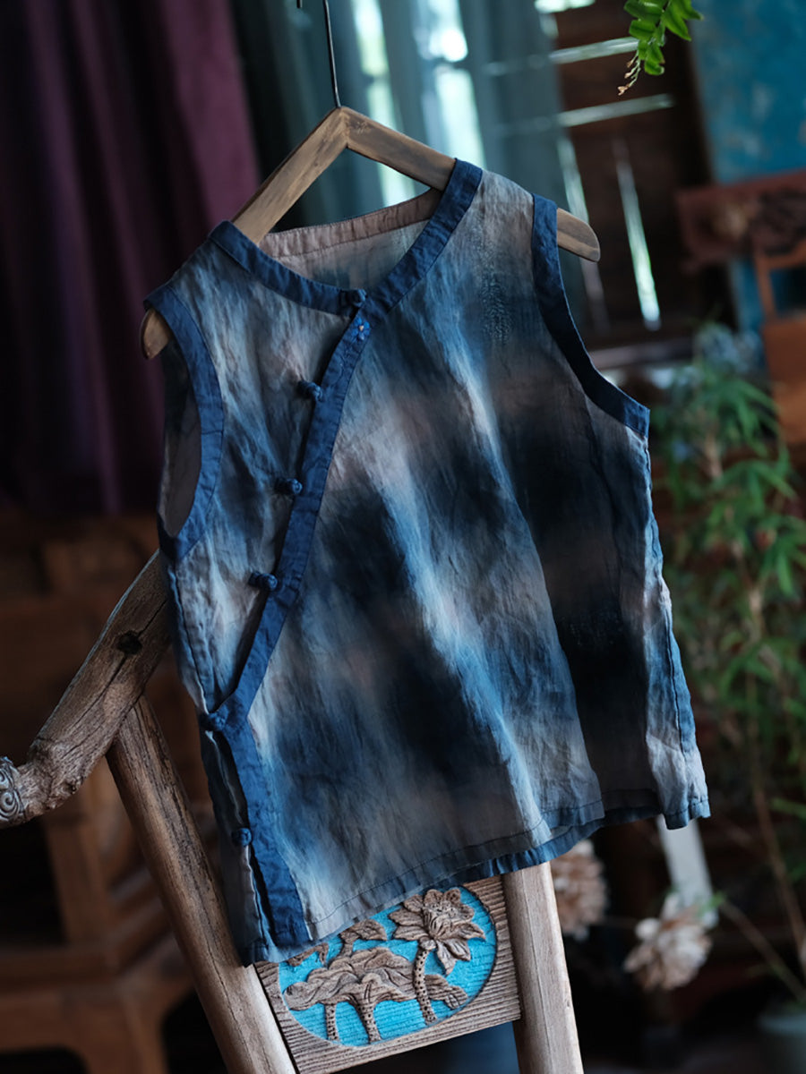 Women Summer Vintage Tie-dye Spliced Ramie Vest