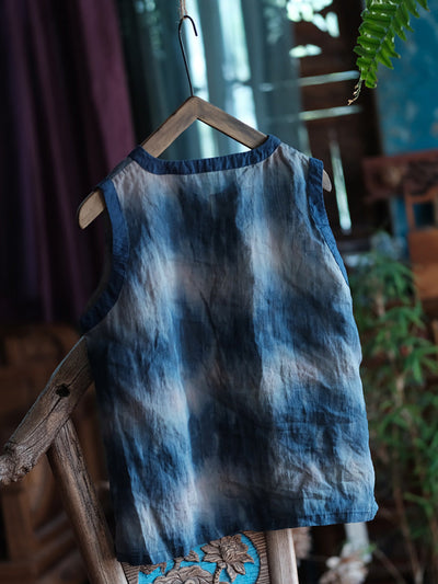 Women Summer Vintage Tie-dye Spliced Ramie Vest