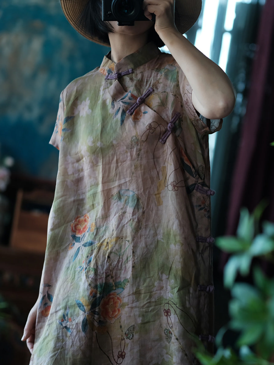 Women Summer Vintage Flower Buckle Stand Collar Ramie Dress