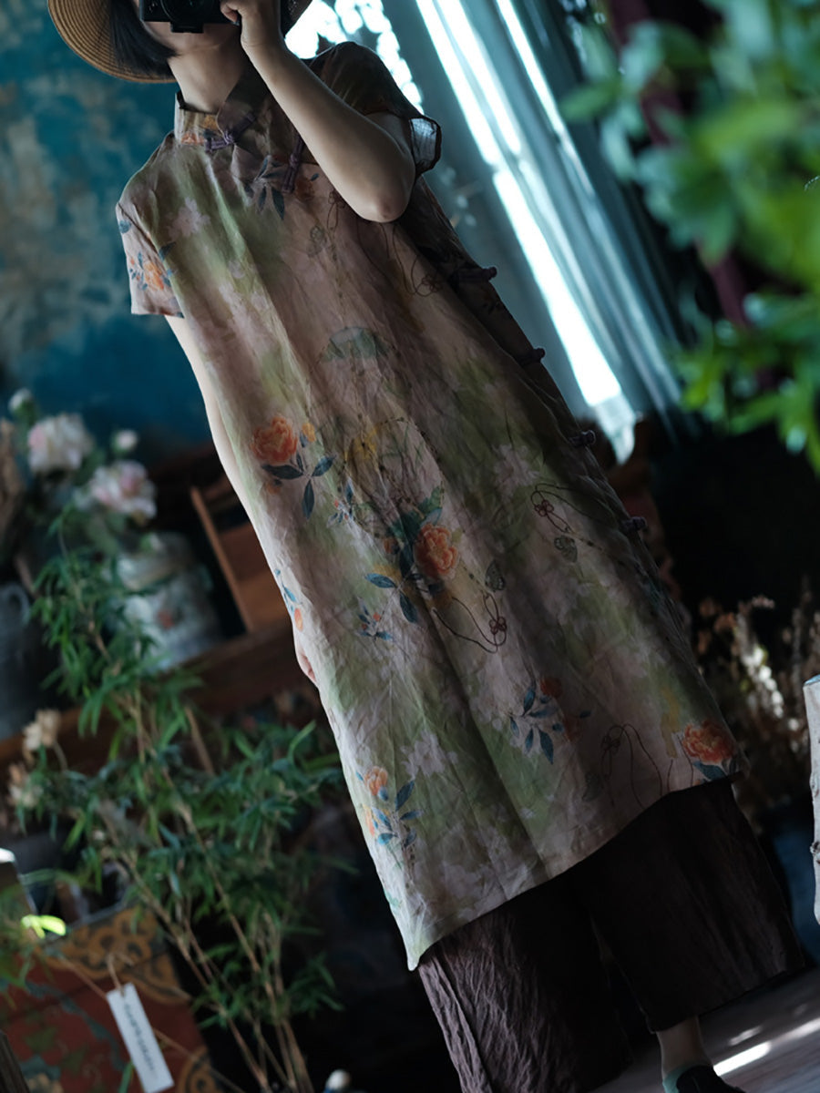 Women Summer Vintage Flower Buckle Stand Collar Ramie Dress