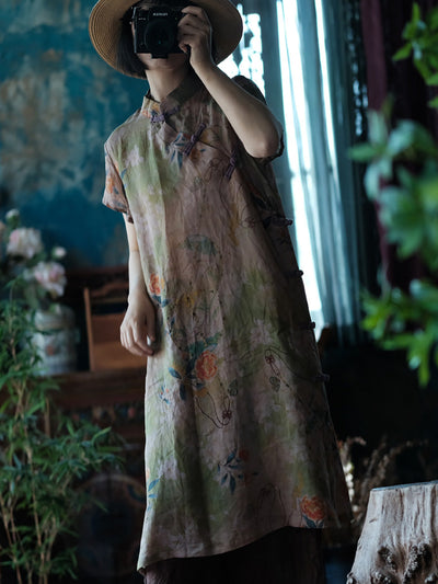 Women Summer Vintage Flower Buckle Stand Collar Ramie Dress