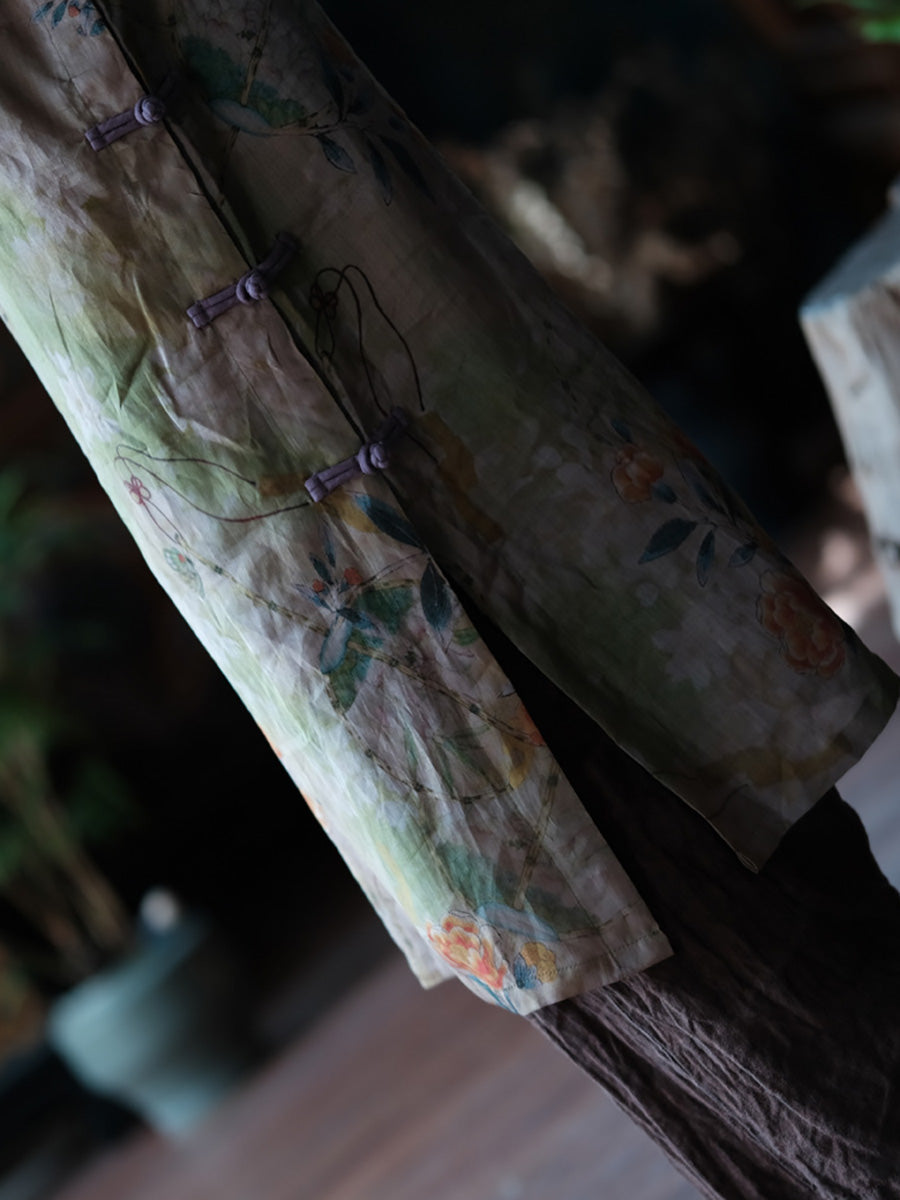 Women Summer Vintage Flower Buckle Stand Collar Ramie Dress