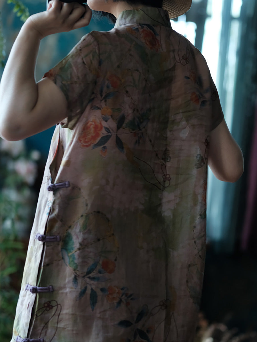 Women Summer Vintage Flower Buckle Stand Collar Ramie Dress