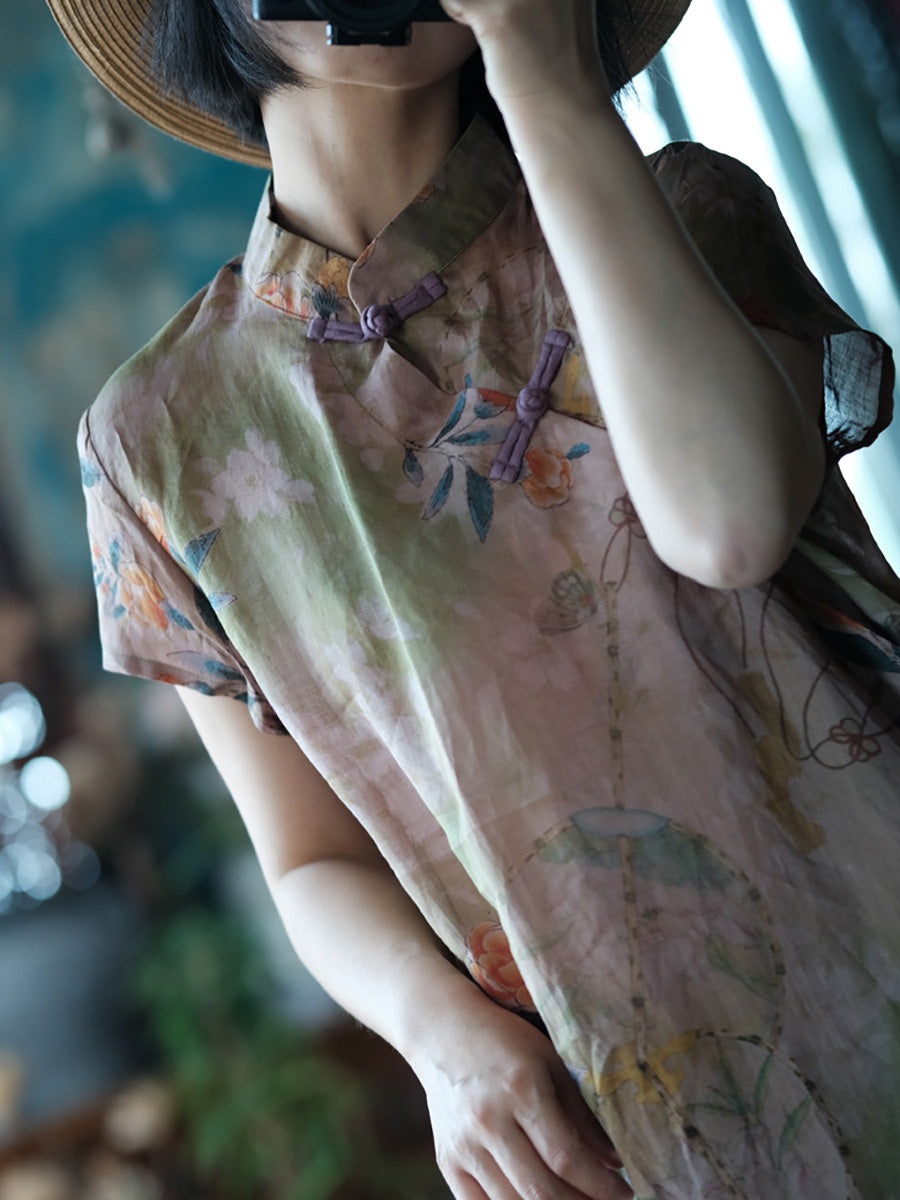 Women Summer Vintage Flower Buckle Stand Collar Ramie Dress