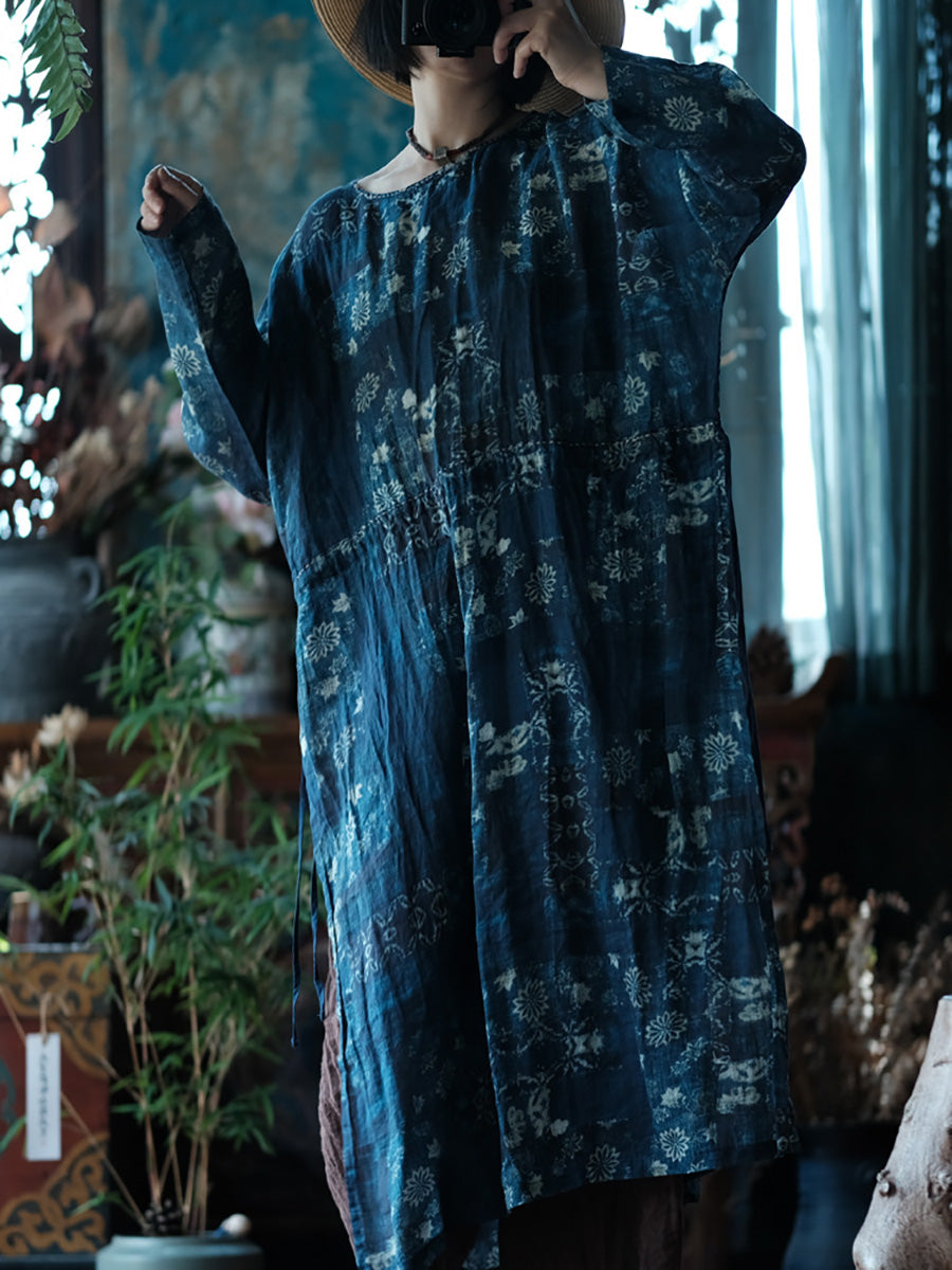 Women Spring Vintage Flower Loose Ramie Dress