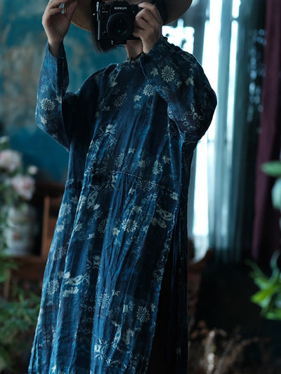 Women Spring Vintage Flower Loose Ramie Dress