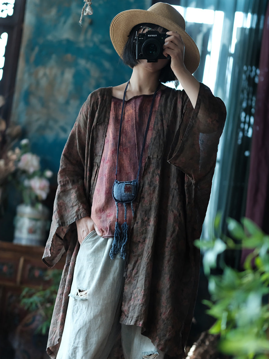 Women Summer Ethnic Flower Loose Ramie Shirt Coat