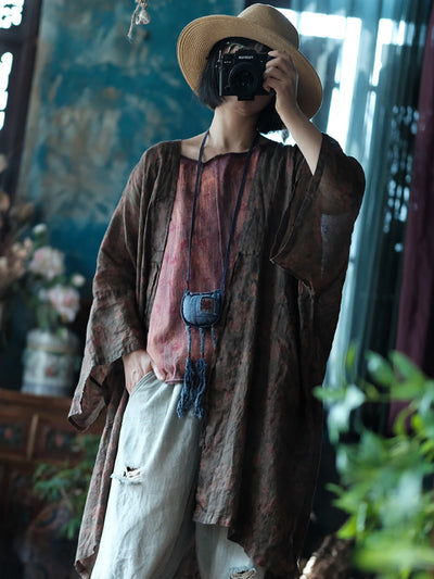 Women Summer Ethnic Flower Loose Ramie Shirt Coat