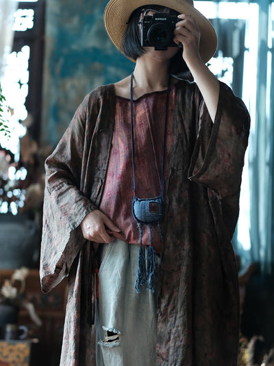 Women Summer Ethnic Flower Loose Ramie Shirt Coat