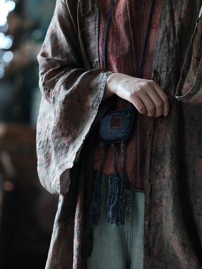 Women Summer Ethnic Flower Loose Ramie Shirt Coat