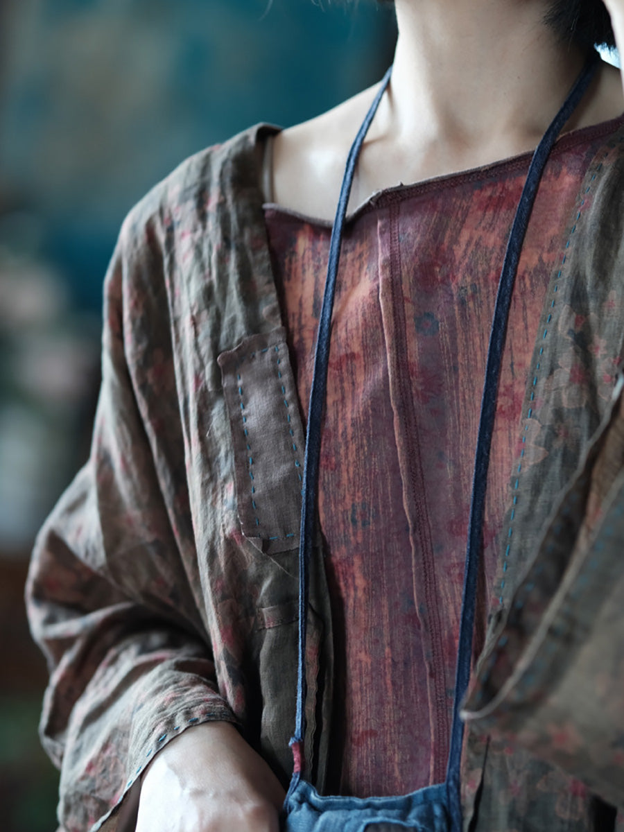 Women Summer Ethnic Flower Loose Ramie Shirt Coat
