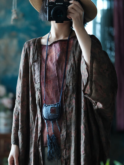 Women Summer Ethnic Flower Loose Ramie Shirt Coat