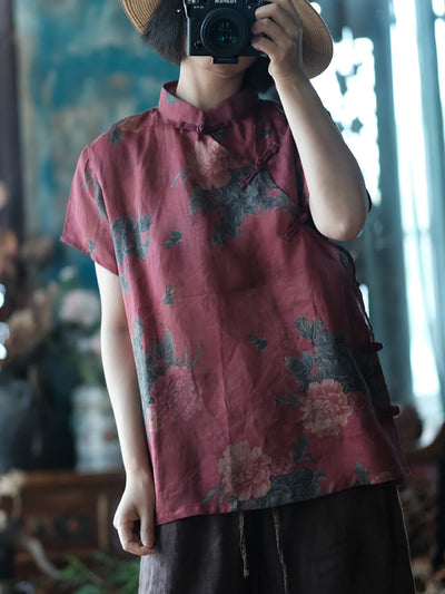 Women Summer Flower Stand Collar Button Ramie Shirt