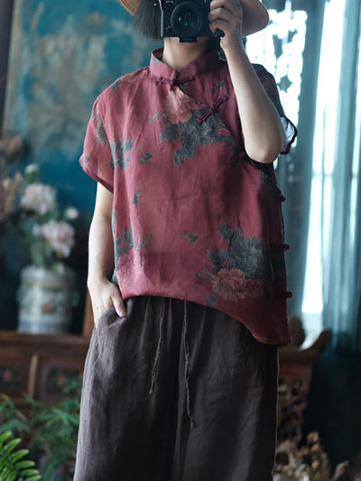 Women Summer Flower Stand Collar Button Ramie Shirt