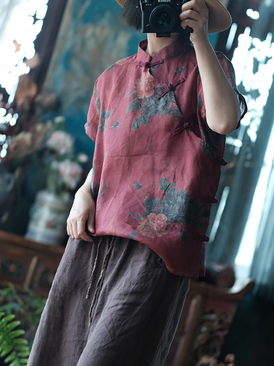 Women Summer Flower Stand Collar Button Ramie Shirt
