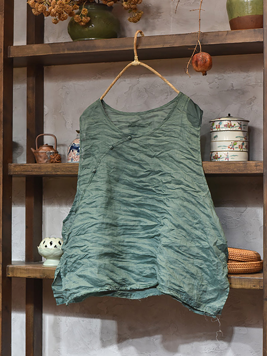 Women Summer Ethnic Solid Slant Spliced Ramie Vest