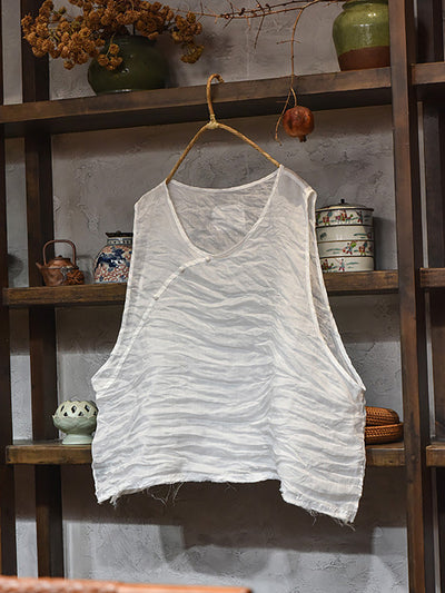 Women Summer Ethnic Solid Slant Spliced Ramie Vest