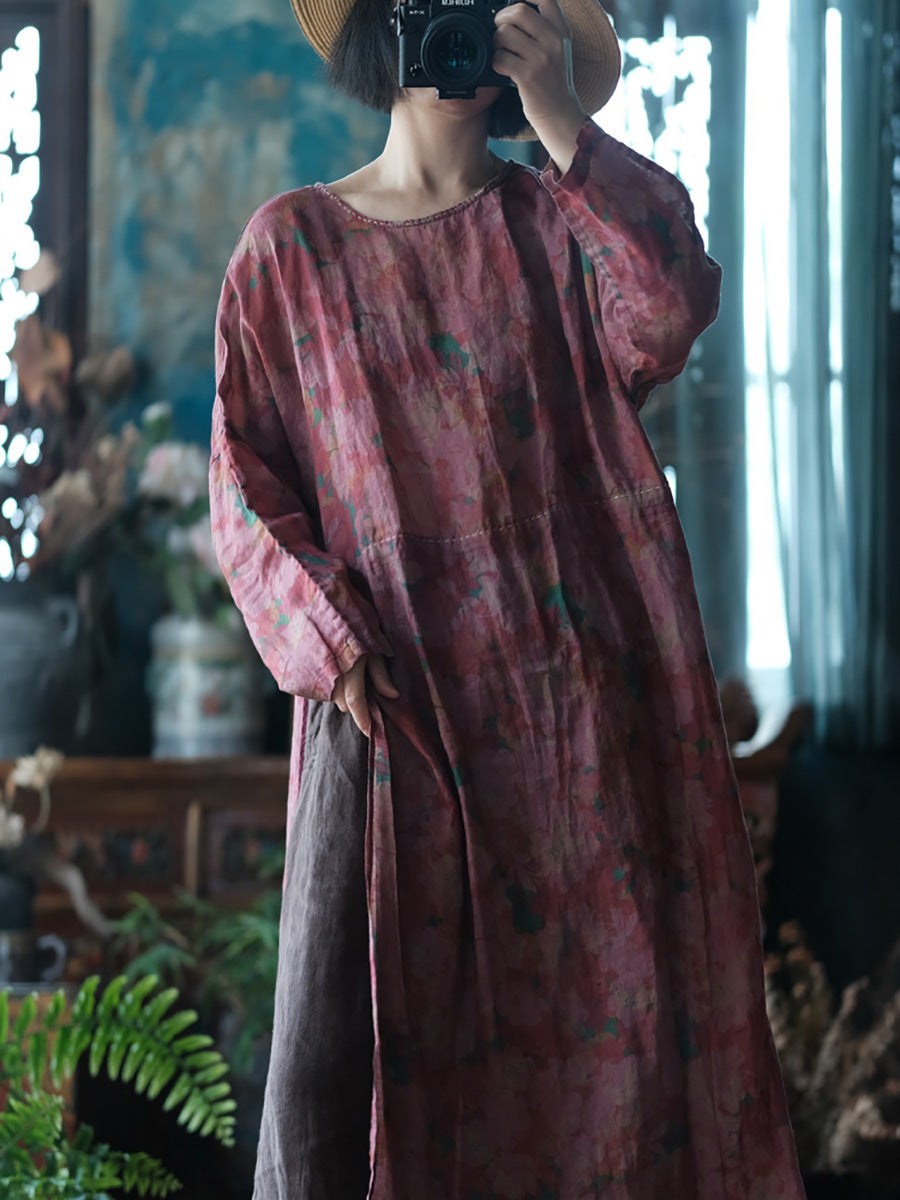 Women Summer Flower Split Hem Strap Ramie Robe