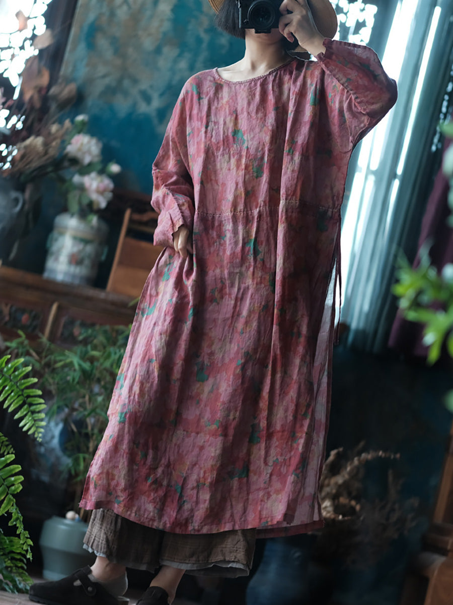 Women Summer Flower Split Hem Strap Ramie Robe