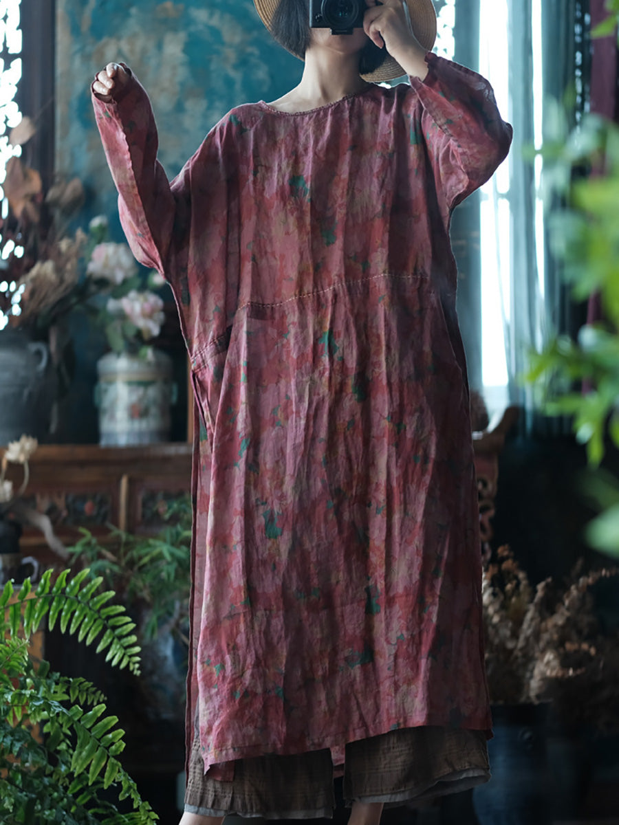 Women Summer Flower Split Hem Strap Ramie Robe