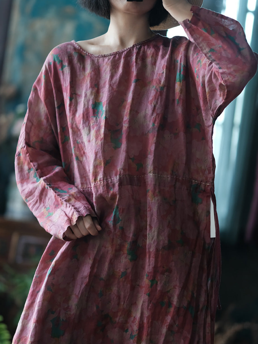 Women Summer Flower Split Hem Strap Ramie Robe