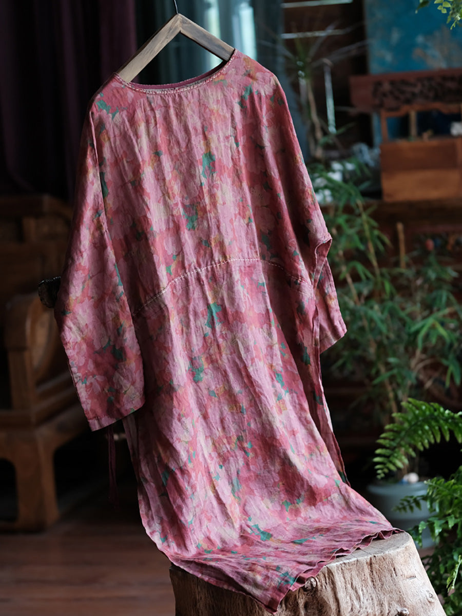 Women Summer Flower Split Hem Strap Ramie Robe