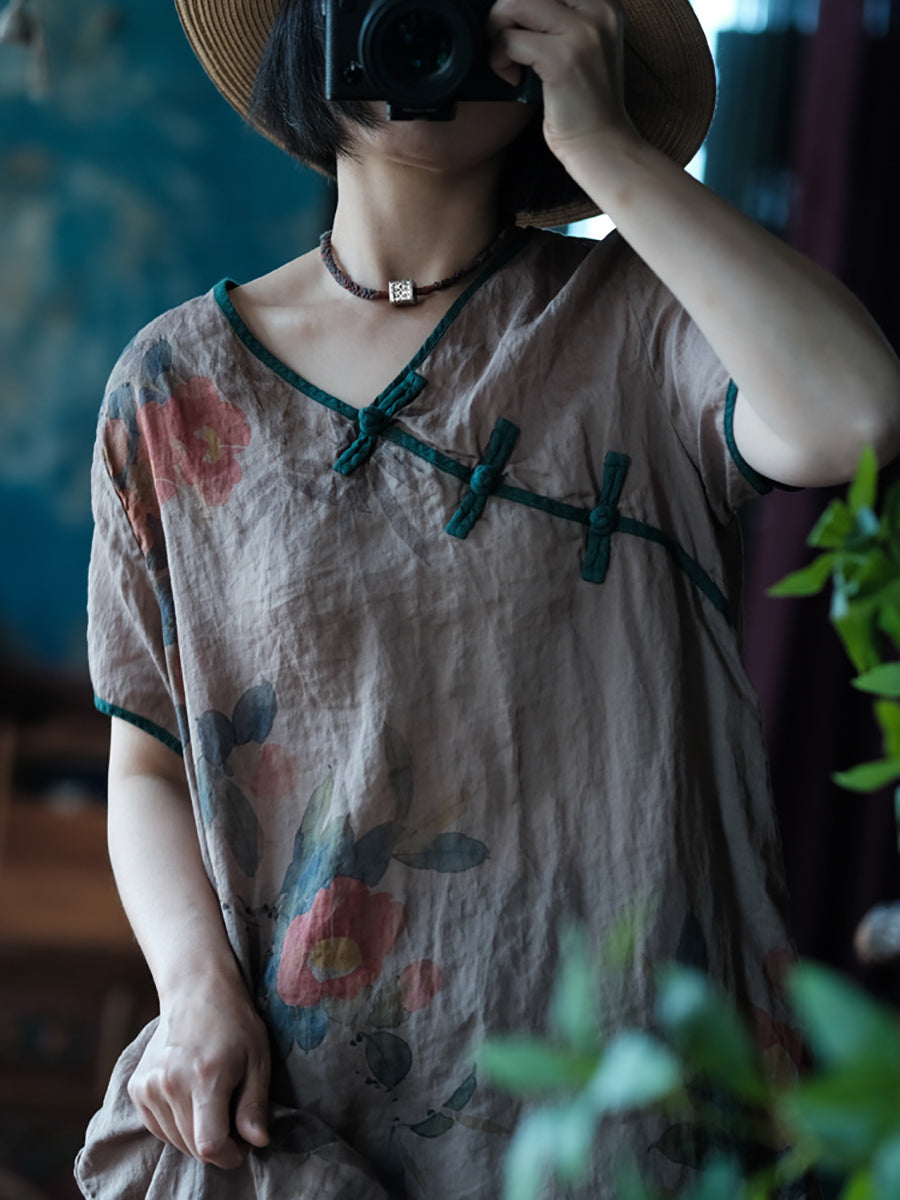 Women Ethnic Summer Flower Print Buckle Ramie Dress