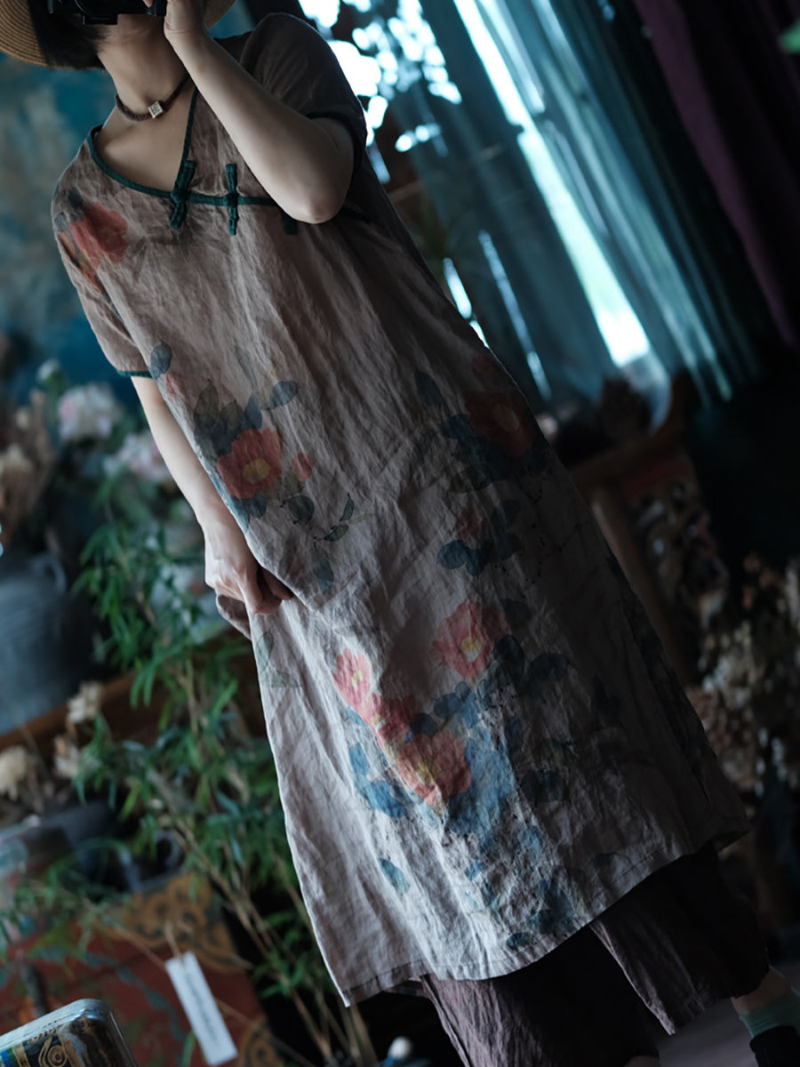 Women Ethnic Summer Flower Print Buckle Ramie Dress