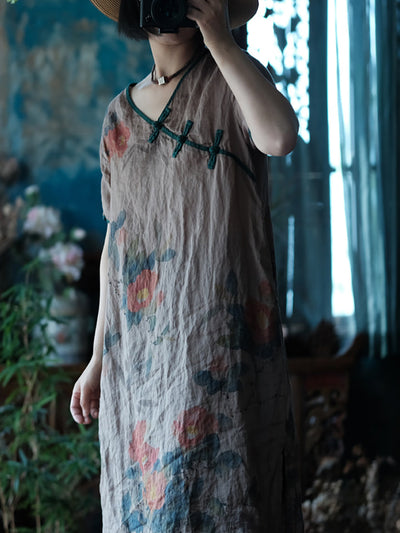 Women Ethnic Summer Flower Print Buckle Ramie Dress
