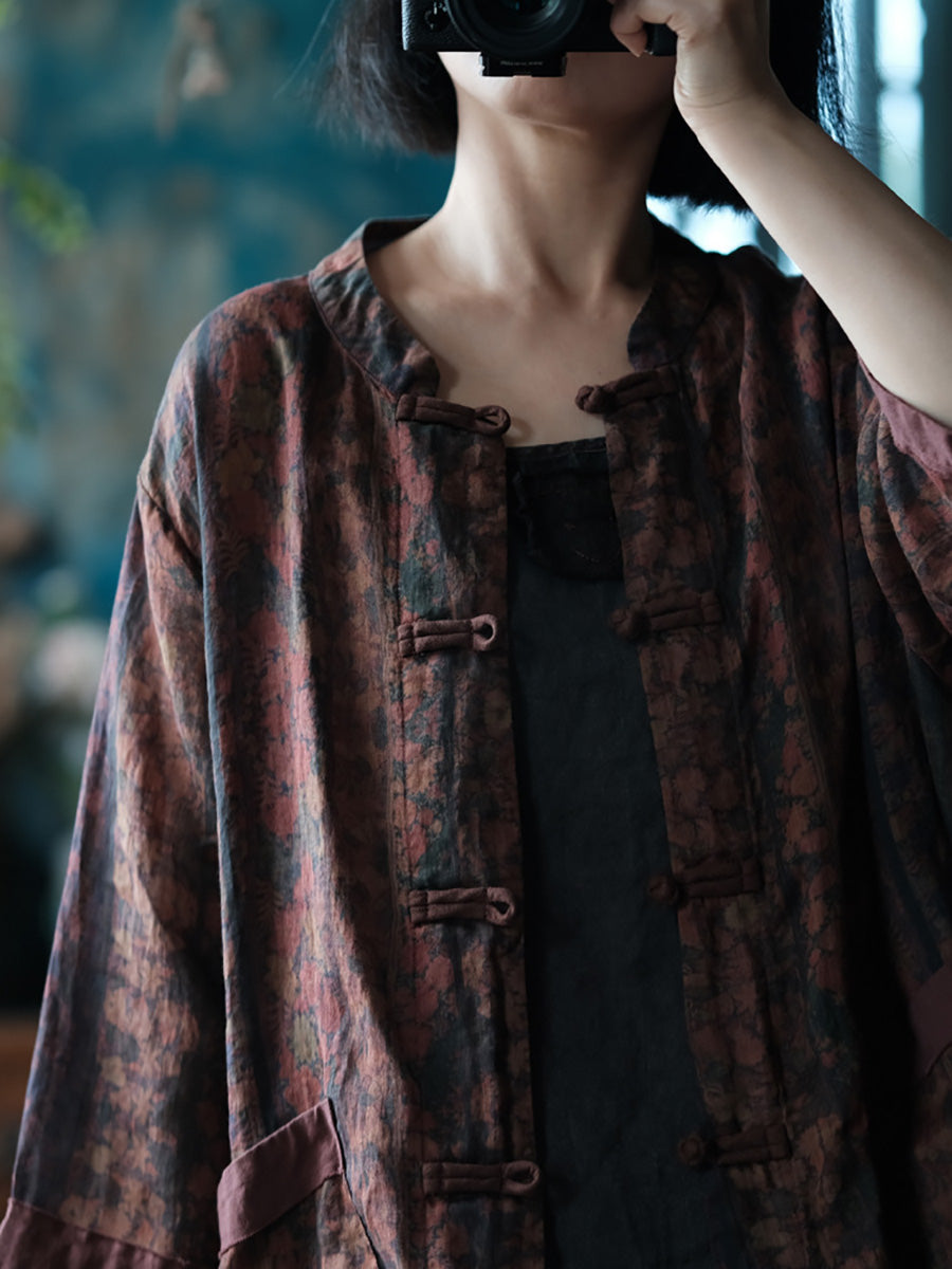 Women Ethnic Summer Flower Button-up Ramie Shirt