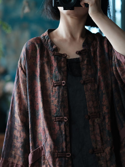 Women Ethnic Summer Flower Button-up Ramie Shirt