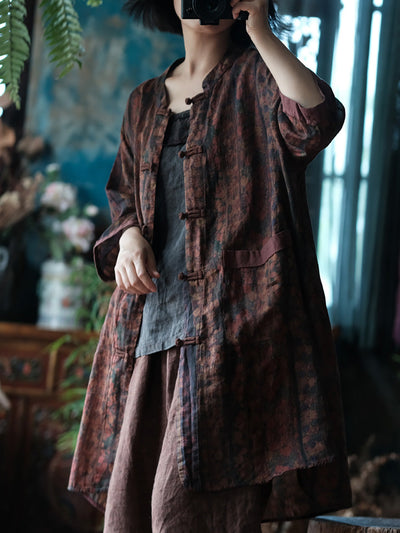 Women Ethnic Summer Flower Button-up Ramie Shirt