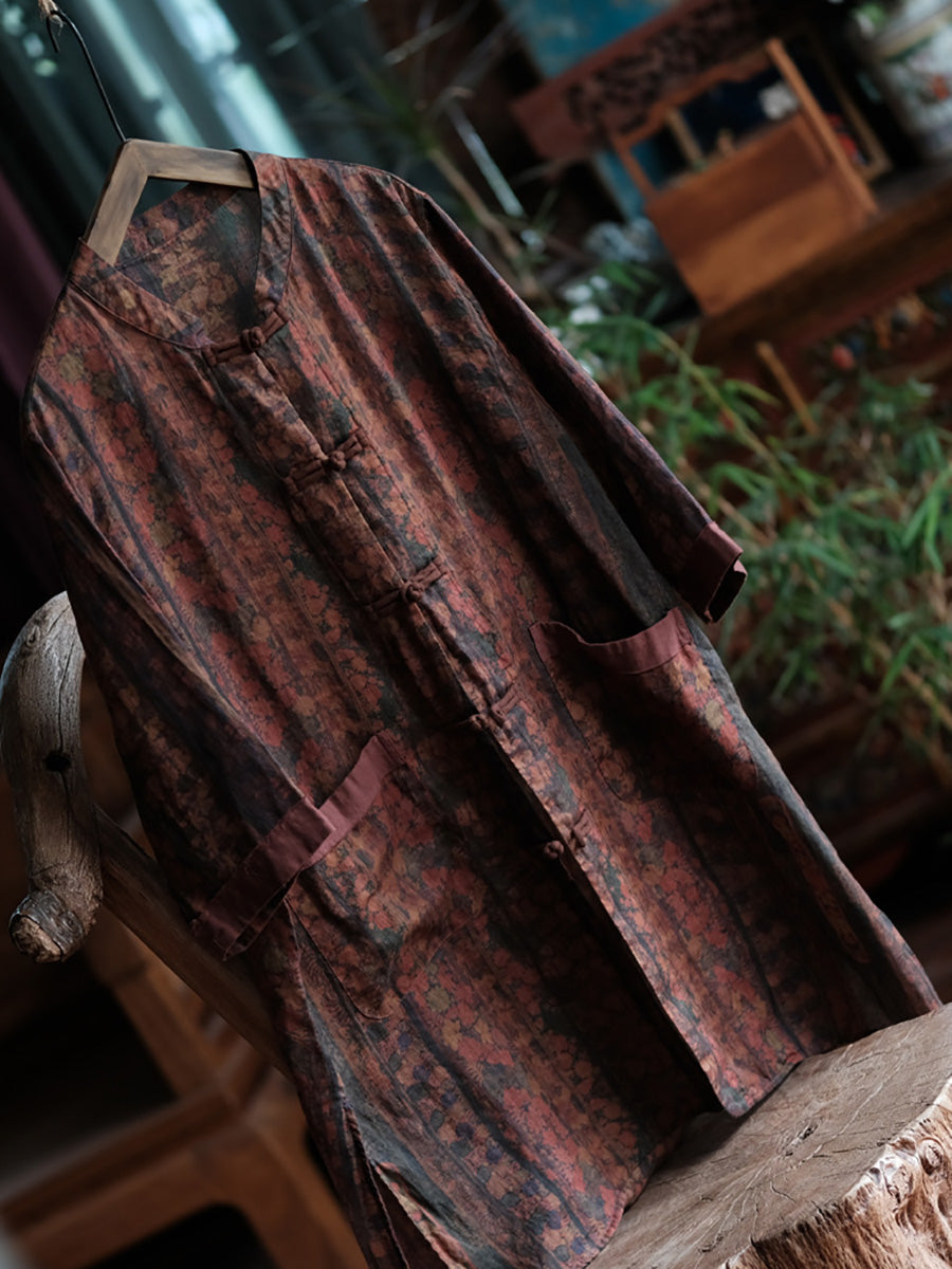 Women Ethnic Summer Flower Button-up Ramie Shirt