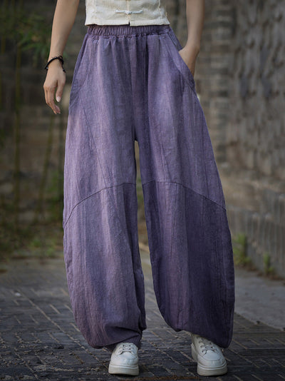 Plus Size Women Summe Vintage Tie-dye Spliced Ramie Bloomers