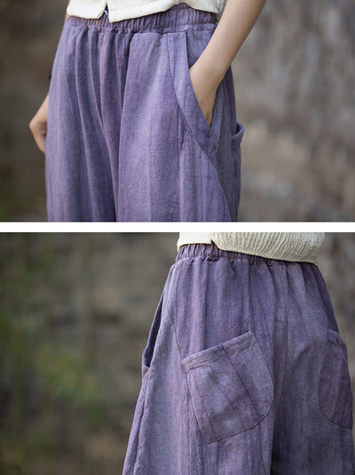 Plus Size Women Summe Vintage Tie-dye Spliced Ramie Bloomers