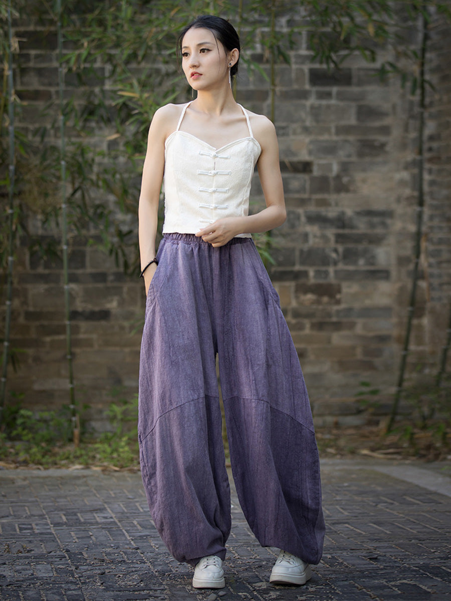 Plus Size Women Summe Vintage Tie-dye Spliced Ramie Bloomers