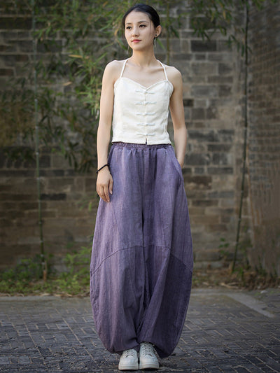 Plus Size Women Summe Vintage Tie-dye Spliced Ramie Bloomers