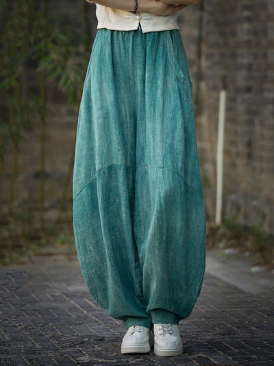 Plus Size Women Summe Vintage Tie-dye Spliced Ramie Bloomers