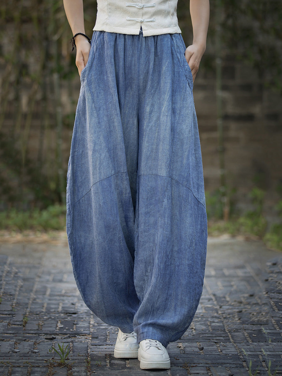 Plus Size Women Summe Vintage Tie-dye Spliced Ramie Bloomers