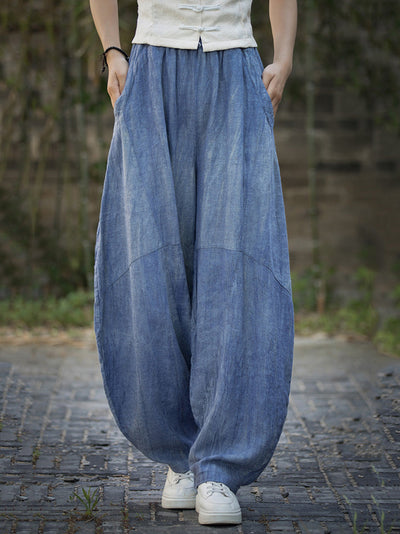 Plus Size Women Summe Vintage Tie-dye Spliced Ramie Bloomers