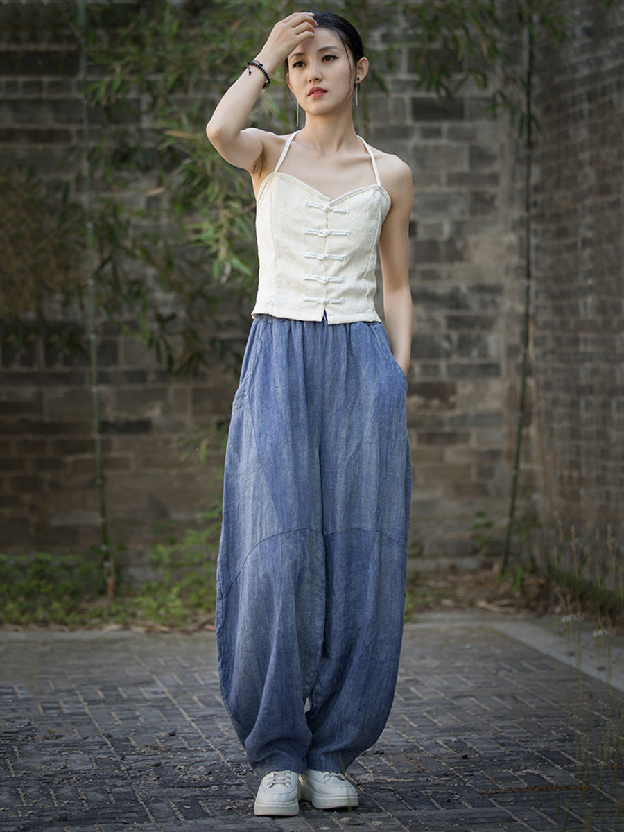 Plus Size Women Summe Vintage Tie-dye Spliced Ramie Bloomers