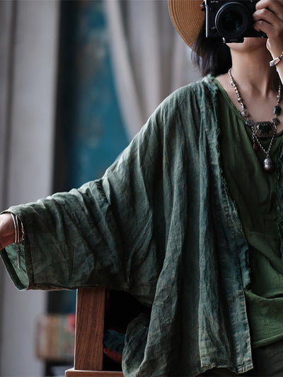 Women Summer Retro Worn Raw-edge Ramie Shirt Coat