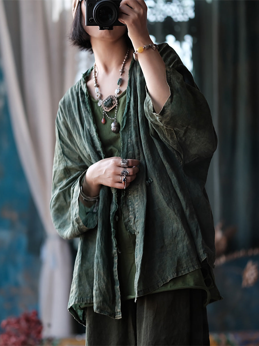 Women Summer Retro Worn Raw-edge Ramie Shirt Coat
