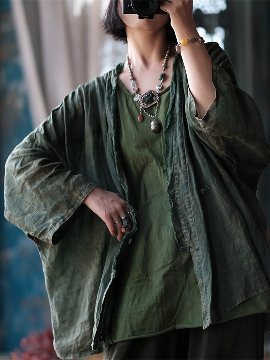 Women Summer Retro Worn Raw-edge Ramie Shirt Coat